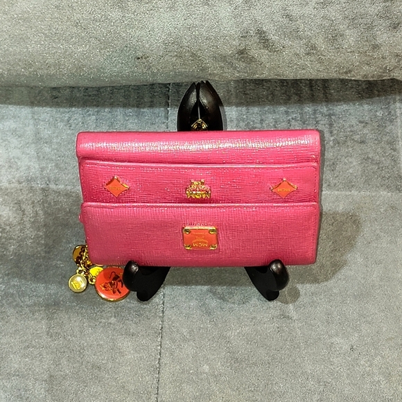 MCM Pink Short Studded Leather Charm Trifold Wallet - Picture 9 of 15